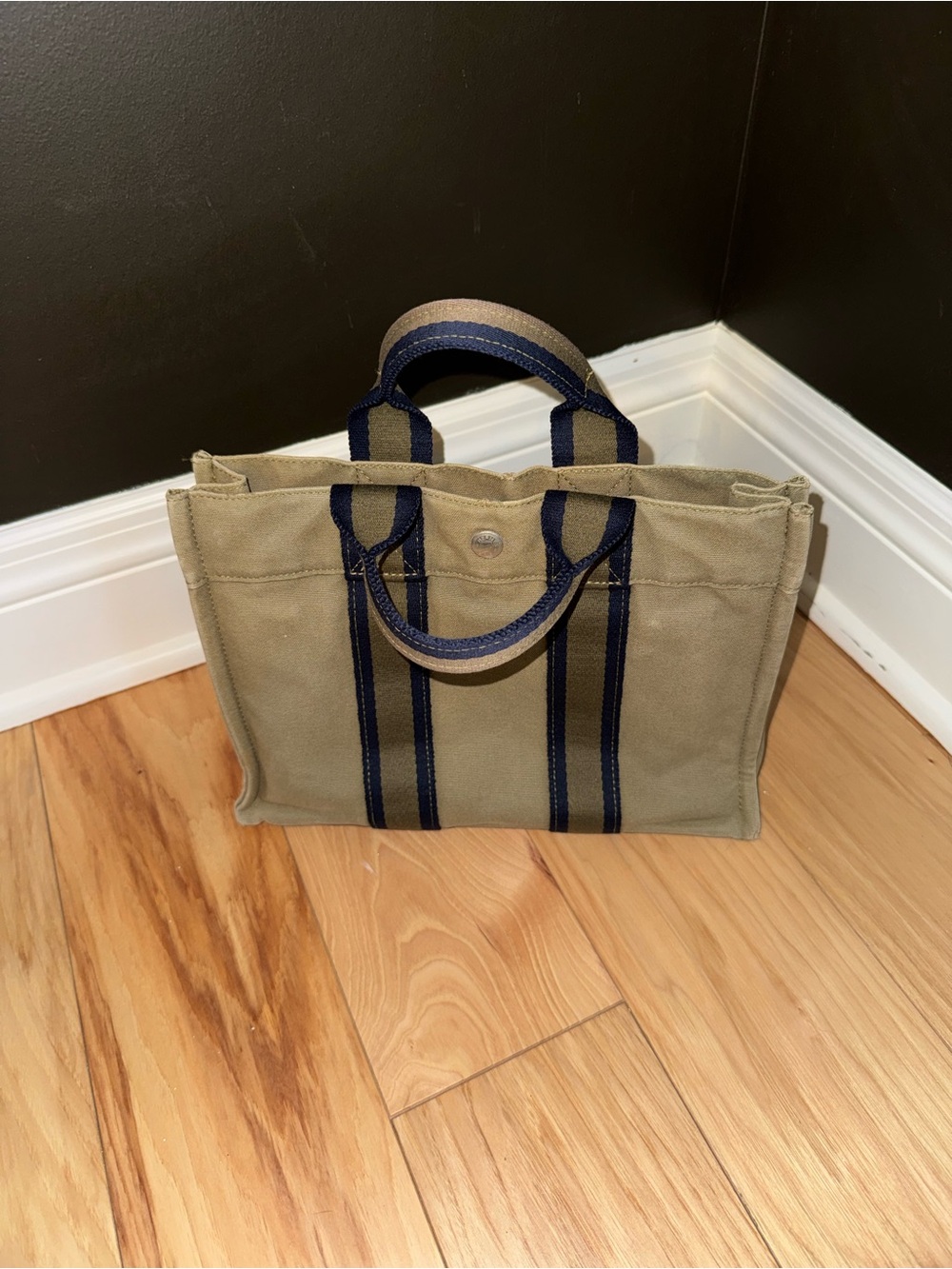 Hermes Herline PM Canvas Tote Bag with Navy Stripes
